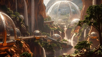 Futuristic cityscape of Mars colony with domes for human subsistence, future city skyline  on red planet, background for AI tech science travel architecture graphics.