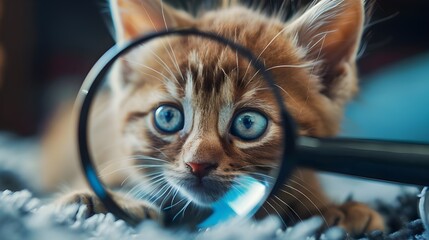 Animal with magnifying glass. cute cat detective looking through vintage glass, business reporting search, inspection investigate. Funny pet animal character imagination cartoon, 3d modern digital art