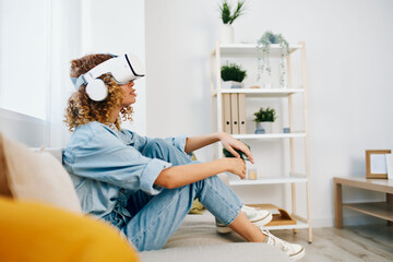 Smiling Woman Enjoying Virtual Reality Game with VR Glasses at Home in Futuristic Living Room