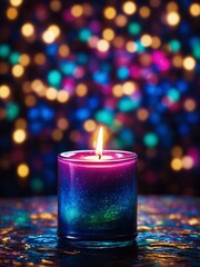 Single candle with bright flame burns steadily, casting gentle light that illuminates immediate surroundings. Candle, encased in glass container, exhibits enchanting blend of colors. - obrazy, fototapety, plakaty
