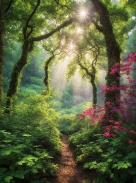 Sunlight pierces through dense canopy of lush forest, casting ethereal beams that illuminate narrow, winding path. Trees, with their gnarled branches, verdant leaves.