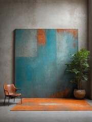 Large, abstract, colorful artwork dominates room with its bold presence. Artwork features mix of turquoise, grey tones, interrupted by patches of vibrant orange that add element of warmth, contrast. - obrazy, fototapety, plakaty