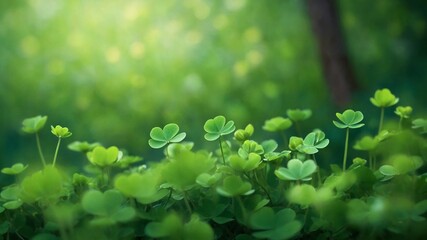 Lush green forest floor adorned with multitude of clovers, each leaf vibrant, full of life, basking in gentle embrace of sunlight filtering through trees above. Sun casts ethereal glow.