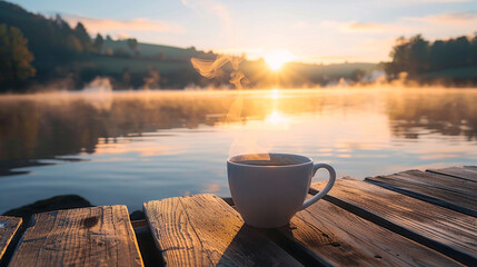 cup of coffee on the lake in morning  - obrazy, fototapety, plakaty