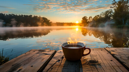 cup of coffee on the lake in morning 