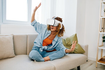 Virtual Reality Home: A Smiling Woman Enjoying Futuristic VR Gaming in Indoor Living Room