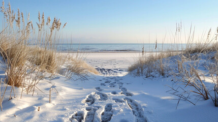 Footprints on beach covered with snow