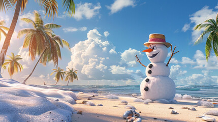 snowman on the beach - obrazy, fototapety, plakaty