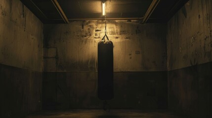 Punching bag hanging from the ceiling in a dimly lit room. generative ai