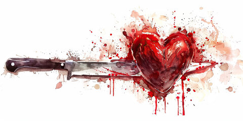 Betrayal: The Stabbed Heart and Bloodied Knife - Imagine a heart with a knife stabbed into it, illustrating the pain of betrayal - obrazy, fototapety, plakaty