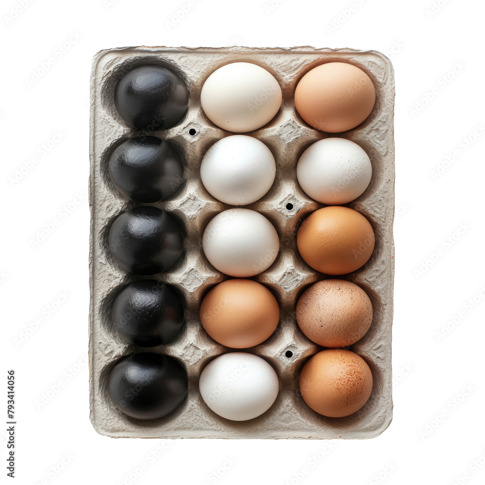 Poster a tray of eggs in both white and dark varieties set against a clean transparent background with a is