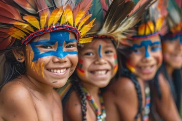 Poster Indigenous Children with Tribal Paint and Feather Headdresses - Joy and Heritage in Cultural Celebration © Martin Funk