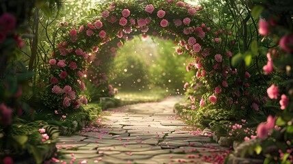 This is a picture of a path going through a garden archway. - obrazy, fototapety, plakaty