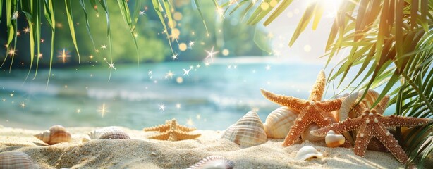 Tropical Beach with Seashells and Starfish on Sunny Sand, Summer Vacation Concept - obrazy, fototapety, plakaty