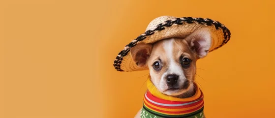 Poster Adorable Puppy in Sombrero and Striped Scarf, Mexican Culture Fashion © Martin Funk