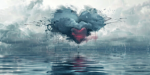 Grief: The Raincloud and Drowning Heart - Imagine a raincloud hovering over a heart submerged in water, illustrating the drowning feeling of grief - Powered by Adobe