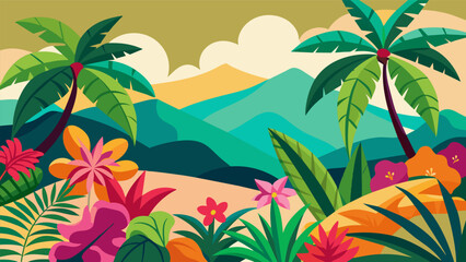 Fototapeta na wymiar A colorful mosaic of tropical foliage from delicate palm leaves to vivid bougainvillea creates a lush oasis in the midst of a desert landscape..