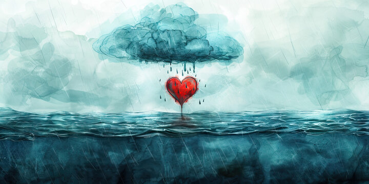 Grief: The Raincloud and Drowning Heart - Imagine a raincloud hovering over a heart submerged in water, illustrating the drowning feeling of grief