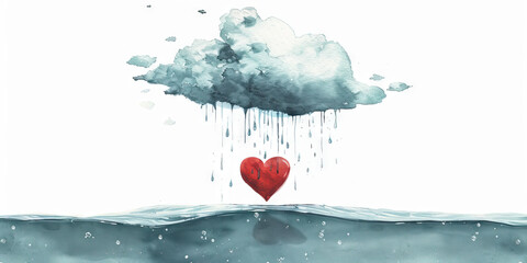Grief: The Raincloud and Drowning Heart - Imagine a raincloud hovering over a heart submerged in water, illustrating the drowning feeling of grief. - obrazy, fototapety, plakaty