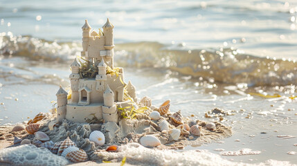 Beach castle with seashells on sea side