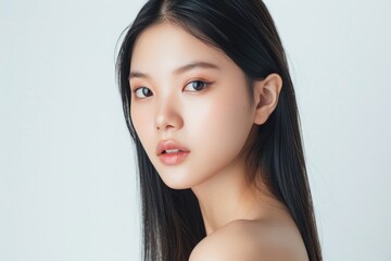 A 20-year-old beautiful Korean model with straight long hair, without eye makeup, beauty photography
