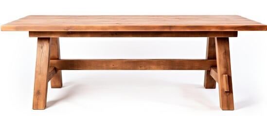 Rectangle hardwood table and bench with wood stain on white background