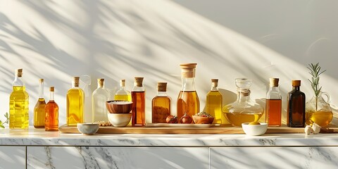 high-resolution photograph featuring various types of cooking oils and their containers arranged neatly on a kitchen countertop - obrazy, fototapety, plakaty