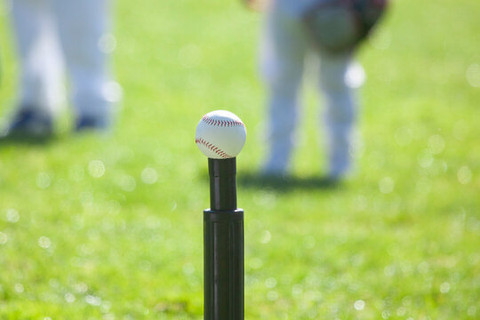 Baseball T ball on Tee, grass background