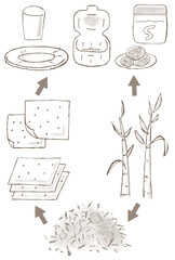 バガス(サトウキビの搾りカス)が紙皿や紙コップやランチボックスの容器になるまでの手描きイラスト