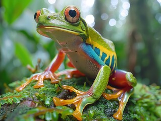 Fototapeta premium A red-eyed tree frog is sitting on a branch in the rainforest.