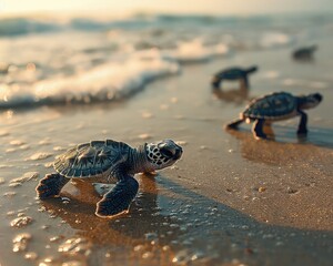 Baby sea turtles crawling on the beach