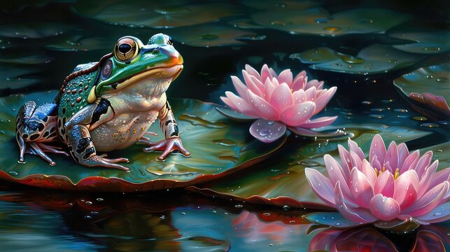 A photo of a frog sitting on a lily pad in a pond, surrounded by lily pads and flowers. The frog is green and black, and the lily pads are green and pink. The water is clear and reflects the sky.