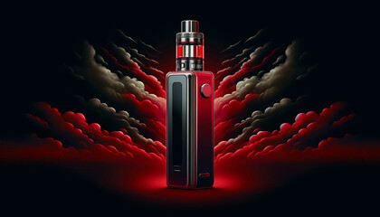 A sleek, modern vape device set against a dark, ominous red and black background - obrazy, fototapety, plakaty