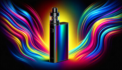 A sleek, modern vape device with a glossy colorful rainbow design, set against a bright neon rainbow background - obrazy, fototapety, plakaty