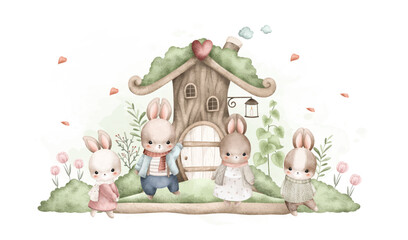 Watercolor Illustration Rabbits and Cute House at Garden
