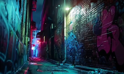 Capture the essence of a gritty urban atmosphere in a photograph of a dimly lit alleyway filled with colorful graffiti art under the cover of night