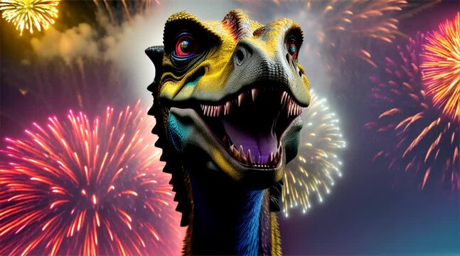 Dinosaur with Firework. Colorful Dinosaur and Firework. Generated AI