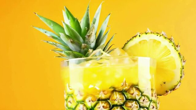 Pineapple lemonade on orange background. Fruit ananas cocktail close-up texture, healthy sweet drink. Detox drinking, summer refreshment concept.
