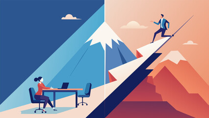 A splitscreen image of someone climbing a mountain on one side and sitting in a boardroom meeting on the other showcasing the dichotomy of work