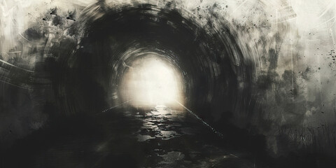 Despair: The Dark Tunnel and Dim Light - Visualize a dark tunnel with a dim light at the end, illustrating the feeling of despair with a glimmer of hope