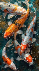 Five koi fish are swimming in a blue pond with green plants. The fish are orange, white, and black. The painting is in a realistic style.