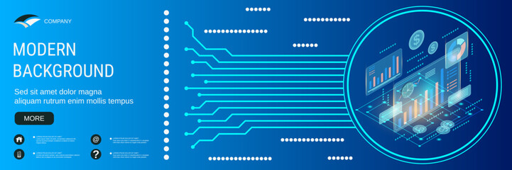 Modern business banner vector design template. Investments, business planning, market trends analysis flat 3d isometric concept