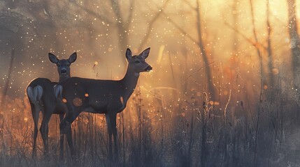 Two deer standing in a field of tall grass at sunrise