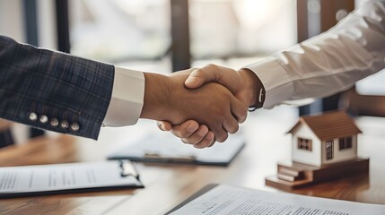 Obraz premium A real estate agent and customer are shaking hands over house documents on a table with keys.