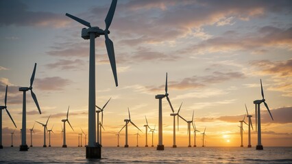wind turbines at sunset - obrazy, fototapety, plakaty