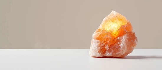 A salt lamp decorates a white table, creating a cozy atmosphere