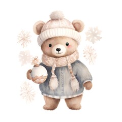Watercolor cute teddy bear in a warm hat and scarf with a ball of snowflakes.