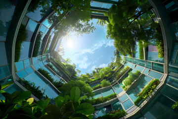 a circular greenery and trees growing on top of glass windows