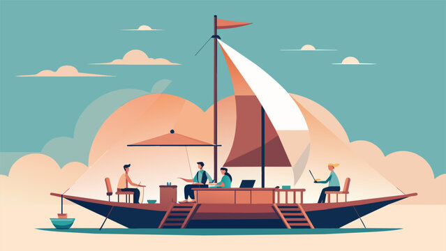 An old fashioned sailboat serves as a roaming work station as a team of entrepreneurs harness the wind and travel to exotic destinations while