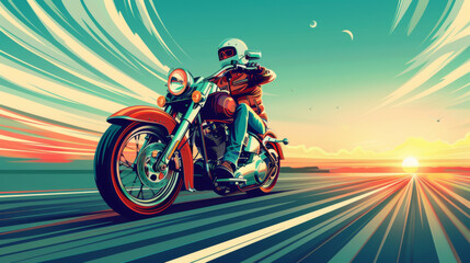 A vibrant retro-styled illustration of a motorcyclist riding on a highway during sunset.